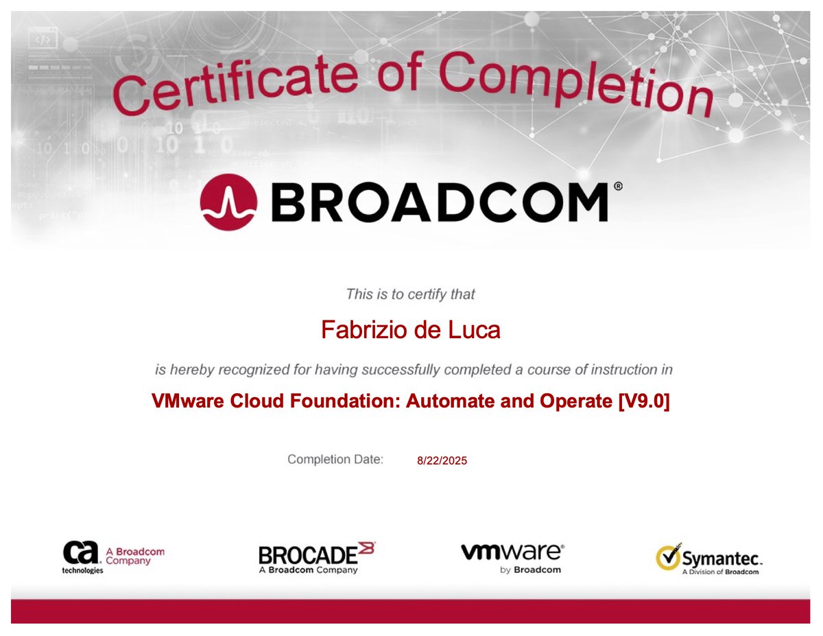 fdlsistemi's tweet image. [📚Train-The-Trainers📷] 
Getting ready for what&apos;s coming next! 
VMware Cloud Foundation: Automate and Operate [V9.0]

@VMware by @Broadcom @VMwareEducation @VCIprogram
#VMware by #Broadcom #VMwareVCF #VCF9 #VMwareEducation #VCIprogram
[1/3]
