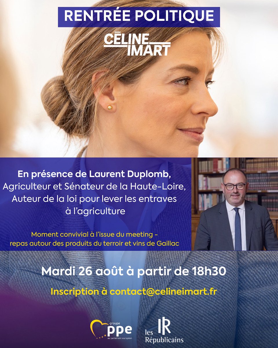 Céline Imart (@celineimart) on Twitter photo Rendez vous ce mardi 26 août à Gaillac pour ma rentrée politique ! Mon invité d’honneur sera la rockstar de l’année 2025 : le sénateur Laurent Duplomb.
Inscription à contact@celineimart.fr Rendez vous ce mardi 26 août à Gaillac pour ma rentrée politique ! Mon invité d’honneur sera la rockstar de l’année 2025 : le sénateur Laurent Duplomb.
Inscription à contact@celineimart.fr