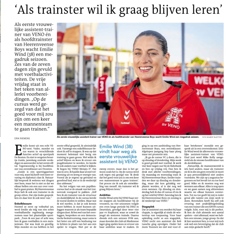 Voor <a href="/MeppelerCourant/">Meppeler Courant</a> / <a href="/SteenwkrCourant/">Steenwijker Courant</a> interviewde ik deze week Emilie Wind (38). Ze is de eerste assistente ooit bij <a href="/svVENO/">svVENO</a>.  "Op de cursus werd gezegd van dat het goed voor mij zou zijn om een keer een mannenteam te gaan trainen.” 

meppelercourant.nl/sport/emilie-w…