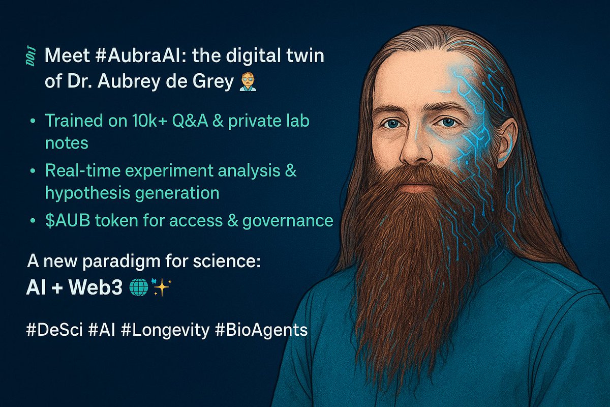 BafuEth's tweet photo. 🧬 Meet AubrAI: the digital twin of Dr. Aubrey de Grey 👨‍🔬🤖
🔹 Trained on 10k+ Q&A & private lab notes
🔹 Real-time experiment analysis & hypothesis generation
🔹 $AUB token for access & governance

A new paradigm for science: AI + Web3 🌐✨
#DeSci #AI #Longevity #BioAgents 

@BioProtocol