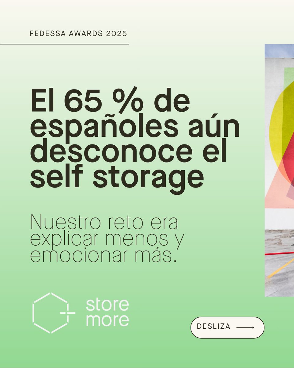 StoremoreES's tweet image. +65% de españoles aún desconoce el self storage (AESS). En Storemore decidimos emocionar antes que explicar: 🎨 mural con Boa Mistura y 📦 Mr. Storemore como embajador. Más que visibilidad, hemos creado identidad y conexión. Rumbo a Dublín 🇮🇪 #FEDESSAAwards