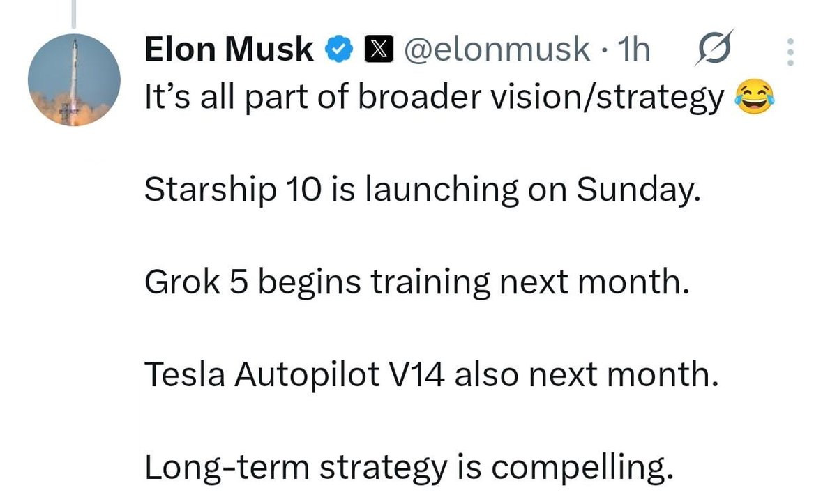 ankushasp's tweet image. Elon Musk in Next Few Days:
Starship - Humanity’s path to multiplanetary species Grok 5 - Training AI that could surpass human intelligence Tesla Autopilot - Making advanced self-driving technology affordable for all
#starbase #grok5 #Tesla