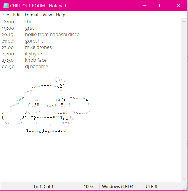 Here are the set times for tomorrow. 

The outside stage is covered by a marquee, so fear not if its a little overcast. Reasonably priced BBQ from 16:00-19:00 for those getting down early too. 

Bring your own visuals in the chill room, HDMI, USB, USBc all doable on projectors