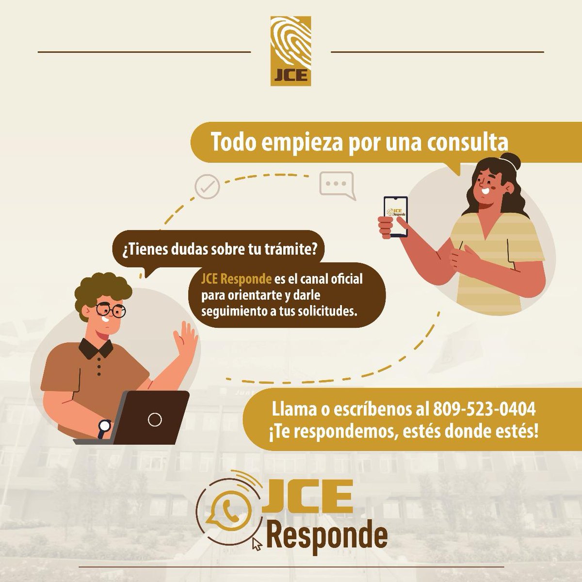 Todo empieza por una consulta

📲 ¿Tienes dudas con tu trámite? Escríbenos o llámanos a JCE Responde y recibe orientación oficial, estés donde estés.
✔ 809-523-0404

#JCEResponde #ServicioCiudadano