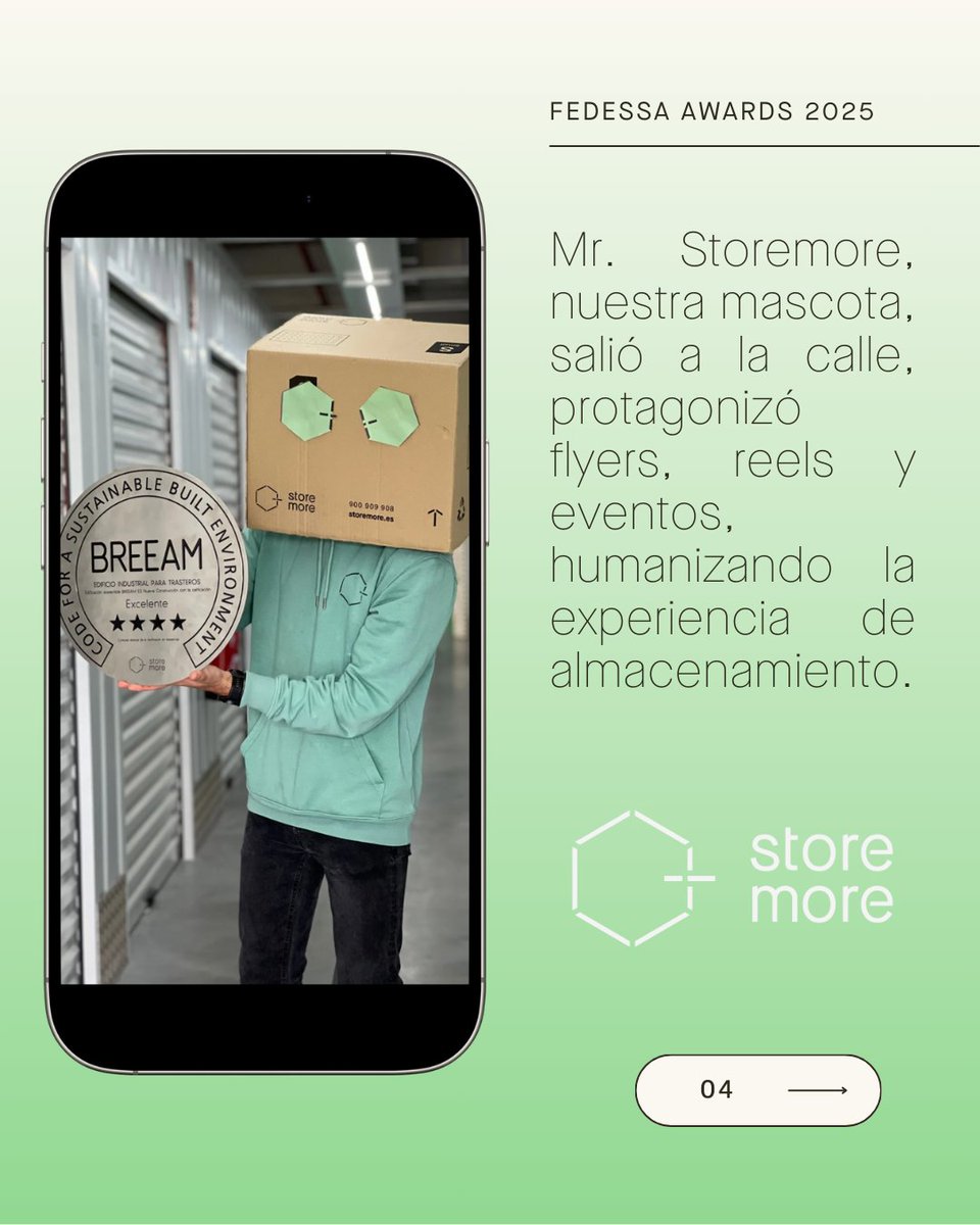 StoremoreES's tweet image. +65% de españoles aún desconoce el self storage (AESS). En Storemore decidimos emocionar antes que explicar: 🎨 mural con Boa Mistura y 📦 Mr. Storemore como embajador. Más que visibilidad, hemos creado identidad y conexión. Rumbo a Dublín 🇮🇪 #FEDESSAAwards
