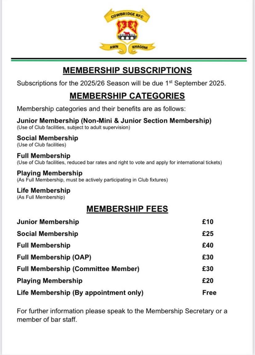 CLUB MEMBERSHIP 2025/26 

Membership for this season is due on 1/9/2025 (details with photo).

Full Membership gives you:
Access to Club facilities 
Bar discounts
Apply for International tickets

This year we will be looking for members to supply their mobile numbers to get onto