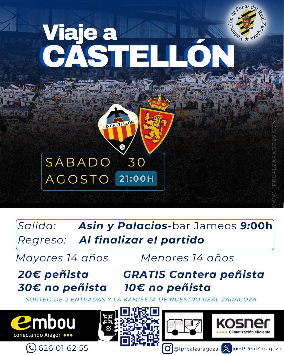FPRealZaragoza's tweet photo. VIAJE A CASTELLÓN
🗓30/08 

EL AUTOBÚS ES SIN ENTRADA, LOS DESPLAZADOS TENDRÁN QUE ADQUIRIR LA ENTRADA PREVIAMENTE
⏰️ *SALIDA: 09.00H.* (Asín y Palacios, 11)
Vuelta: Al finalizar el partido
PRECIOS
PEÑISTA: 20 €
NO PEÑISTAS: 30 €
Compra aquí 💙🤍 https://t.co/x3CJ9UJ6Uc https://t.co/H551j6Y8KT