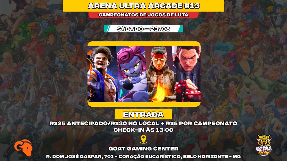 Amanhã teremos o último evento do mês de Agosto! 
Arena Ultra Arcade #13 com:

Street Fighter 6 🐯
Rivals of Aether 2 🐐
Mortal Kombat 1 💀
Tekken 8 ⚡️

start.gg/arenaua13