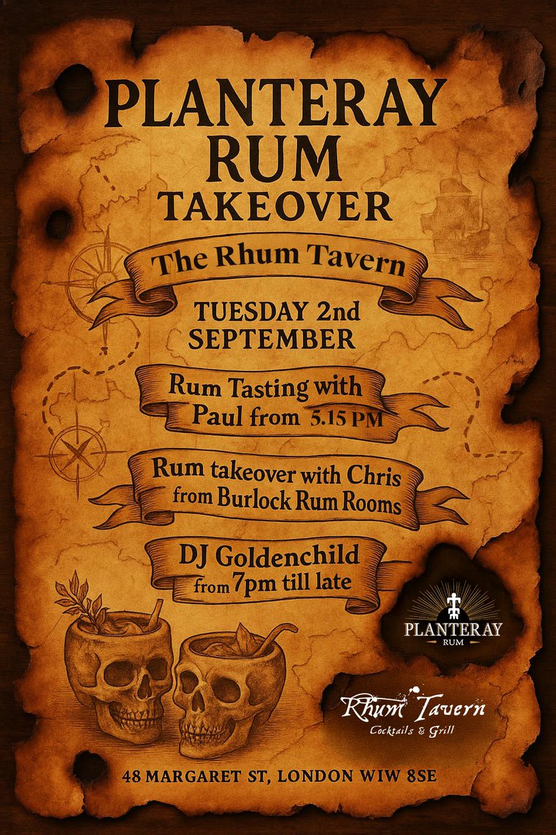 🌴🔥 Tue 2 Sept Planteray Rum Takeover at The Rhum Tavern
🥃 5.15pm Rum Tasting with the legendary Paul from Planteray
🍹 Cocktails &amp; Drinks by Chris from Burlock
🎶 7pm till late The Golden 1 DJ Goldenchild on vibes
Planteray’s official DJ in the building. This one’s a movie 🎥