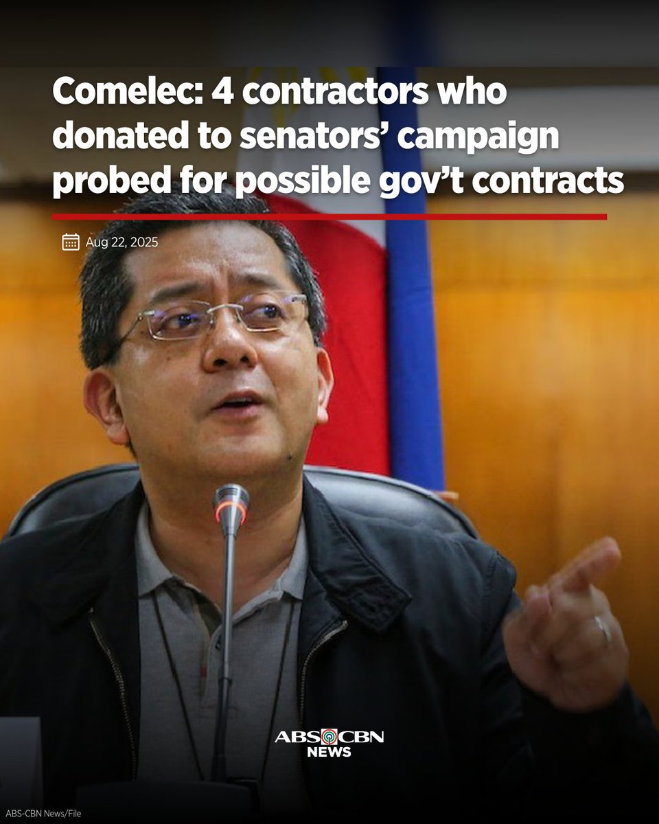 Aside from investigating the contractors, the Comelec said it will also determine the liability of the senators who will be found to have received campaign funds from government contractors.

READ: abs-cbn.com/news/nation/20…