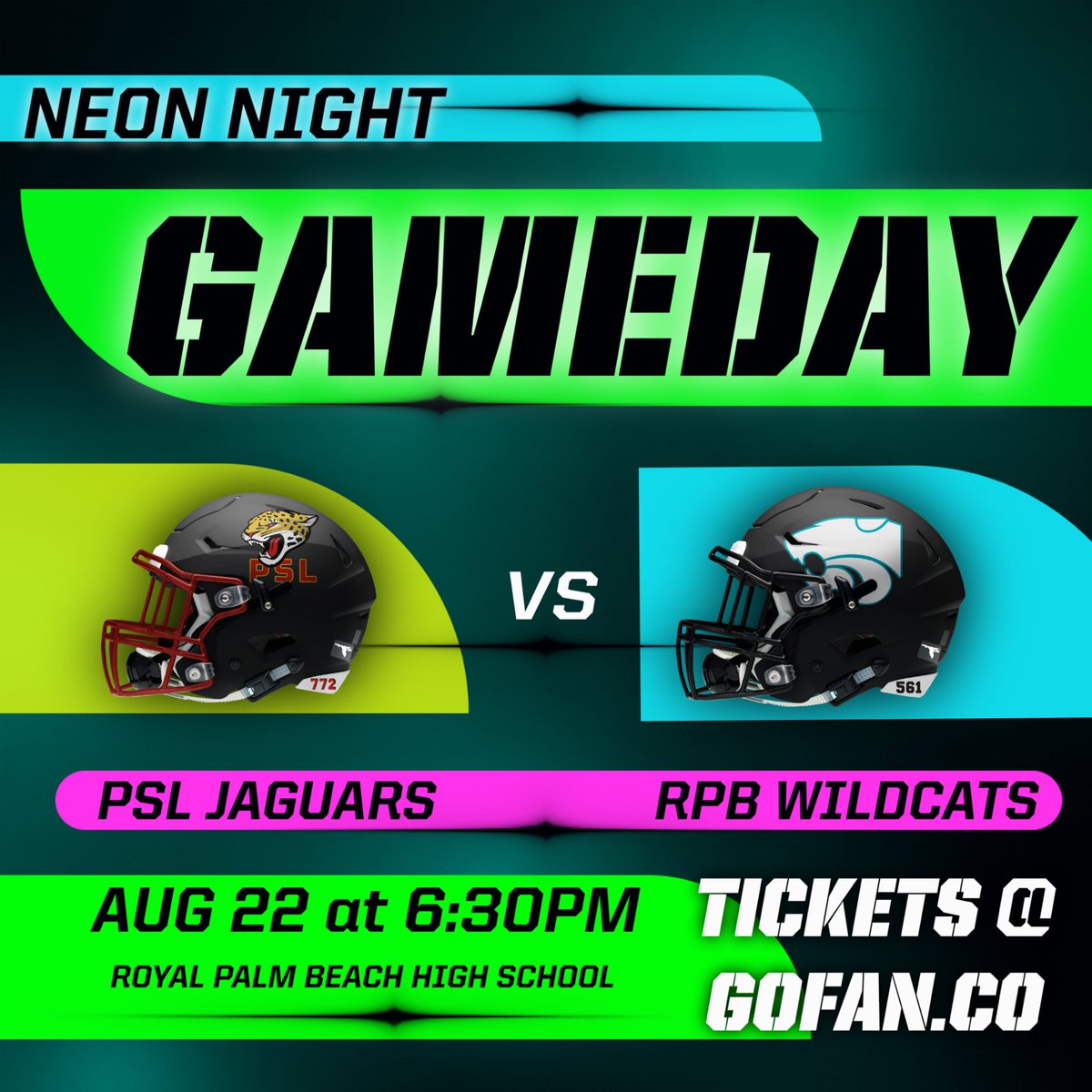 RPBHS Athletics (@rpbhsathletics) on Twitter photo Home opener tonight in #WildcatCountry‼️
🆚 PSL Jaguars
📍Royal Palm Beach
⌚️6:30PM
🎟️ GoFan.Co
<a href="/RPBHS_Principal/">Dr. Shakeica Robinson</a> <a href="/RPBHSOfficial/">Royal Palm Beach HS</a>
<a href="/RPBsports/">Eric Patterson</a>
<a href="/ESPNTop63/">ESPN Top 63</a>
<a href="/EraPrep/">New Era Prep</a>
<a href="/najitobias/">Naji Tobias</a> Home opener tonight in #WildcatCountry‼️
🆚 PSL Jaguars
📍Royal Palm Beach
⌚️6:30PM
🎟️ GoFan.Co
<a href="/RPBHS_Principal/">Dr. Shakeica Robinson</a> <a href="/RPBHSOfficial/">Royal Palm Beach HS</a>
<a href="/RPBsports/">Eric Patterson</a>
<a href="/ESPNTop63/">ESPN Top 63</a>
<a href="/EraPrep/">New Era Prep</a>
<a href="/najitobias/">Naji Tobias</a>
