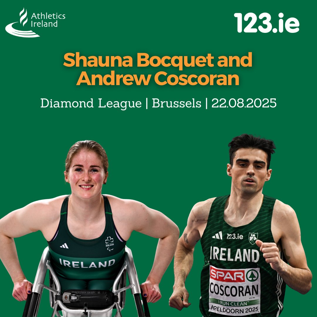All eyes on Brussels! 🇧🇪👀

Shauna Bocquet (Craughwell AC) and Andrew Coscoran (Star of the Sea AC) are in the Diamond League action this evening in Brussels 💎

⏰ 6:29pm - Bocquet (Women's T54 Wheelchair 400m)
⏰ 8:13pm - Coscoran (Men's 1500m)

📺 Virgin Media Three from 7pm