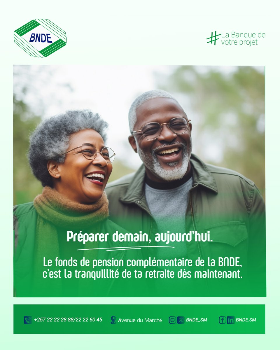 bnde_sm's tweet photo. La meilleure décision pour ton futur, c’est celle que tu prends aujourd’hui. Assure ta retraite avec le fonds de pension de la BNDE. https://t.co/rx264jnYy2