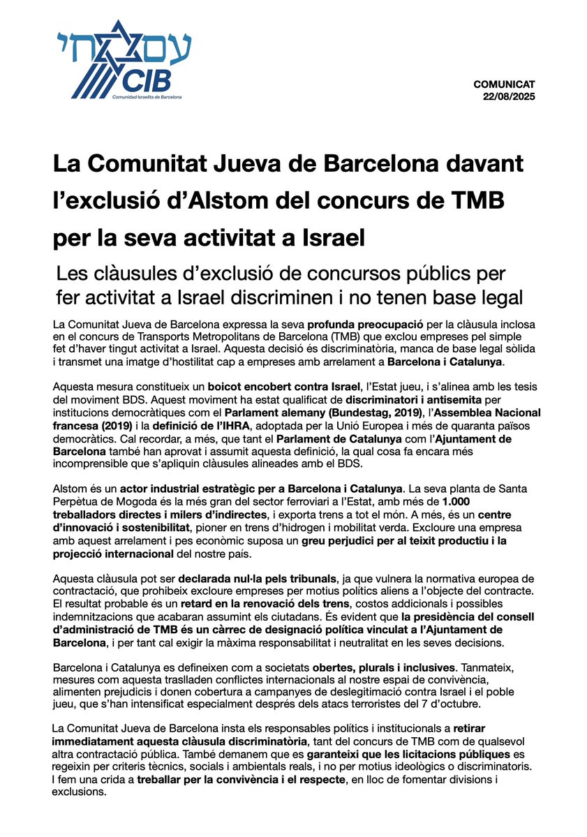 Comunidad Judía/Jewish/Jueva de Barcelona (@barcelonajudia) on Twitter photo 🚨 La Comunitat Jueva de Barcelona denuncia la clàusula de TMB, aprovada per l’ <a href="/bcn_ajuntament/">Ajuntament de Barcelona</a> , que exclou empreses per haver tingut activitat amb l'estat jueu.
És un boicot, discriminatori segons la definició d’antisemitisme assumida per Catalunya, Barcelona, Espanya i la UE 🚨 La Comunitat Jueva de Barcelona denuncia la clàusula de TMB, aprovada per l’ <a href="/bcn_ajuntament/">Ajuntament de Barcelona</a> , que exclou empreses per haver tingut activitat amb l'estat jueu.
És un boicot, discriminatori segons la definició d’antisemitisme assumida per Catalunya, Barcelona, Espanya i la UE