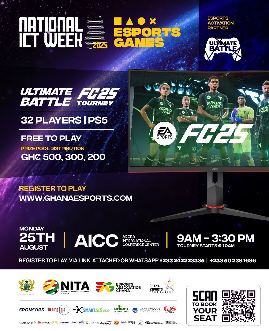 followUltBattle's tweet photo. ⚡🎮 Get ready for an electrifying showdown at National ICT Week 2025!
It’s the Ultimate Battle FC25 Tourney on PS5 — 32 players, free entry, and a prize pool of GHC 500 | 300 | 200 up for grabs! 🏆🔥

📅 Monday, 25th August
📍 AICC – Accra International Conference Center
🕘 9AM – 3:30PM (Kick-off at 10AM)

Don’t just watch the action — be part of it! Register now 👉 https://t.co/HCEQwPNGfk or via WhatsApp: +233 242 223 335 / +233 502 381 686

#UltimateBattle #NationalICTWeek2025 #EsportsGhana #FC25 #GamingCommunity #PlayToWin #GameOn
