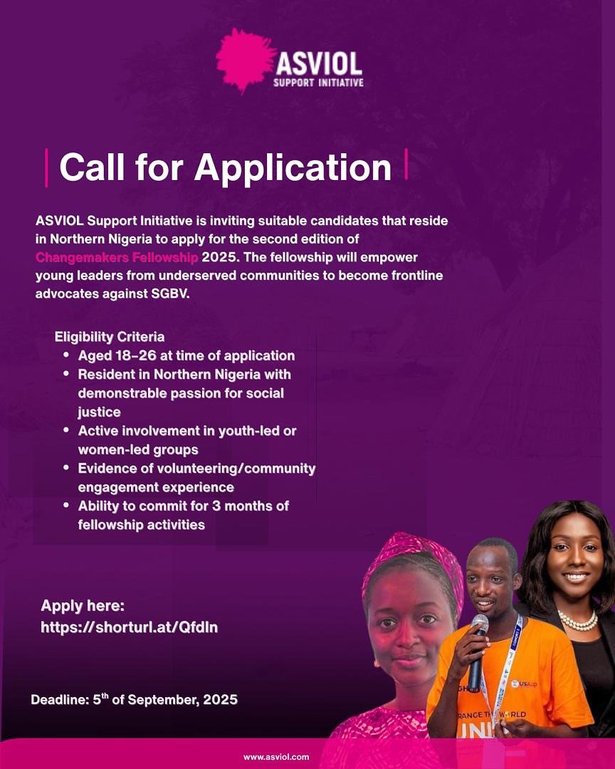 Be a Change Maker!
Applications for ASVIOL Change Makers Fellowship – Cohort 2 are now open!
Ages 18–26 | Deadline: 5 Sept 2025

 Click on link to fill form: shorturl.at/QfdIn

#Asviolchangemakers25