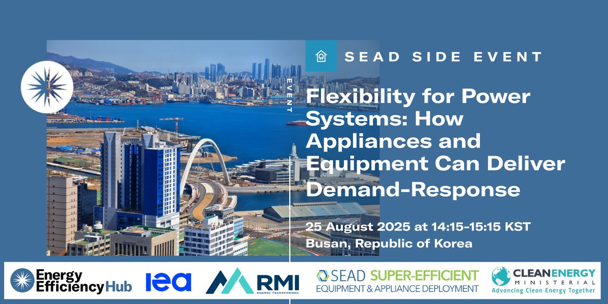 Energy Efficiency Hub (@eehuborg) on Twitter photo Headed to Busan for #CEM16?
Don't miss the <a href="/SEAD/">Lumen Cerasus</a> session to explore how smarter appliances and equipment are driving system flexibility and advancing #DemandResponse solutions. <a href="/IEA/">International Energy Agency</a> <a href="/RockyMtnInst/">RMI</a>
🗓️ 25 Aug
⏰14:15-15:15 KST
📍Busan
Details: shorturl.at/ExJCi Headed to Busan for #CEM16?
Don't miss the <a href="/SEAD/">Lumen Cerasus</a> session to explore how smarter appliances and equipment are driving system flexibility and advancing #DemandResponse solutions. <a href="/IEA/">International Energy Agency</a> <a href="/RockyMtnInst/">RMI</a>
🗓️ 25 Aug
⏰14:15-15:15 KST
📍Busan
Details: shorturl.at/ExJCi