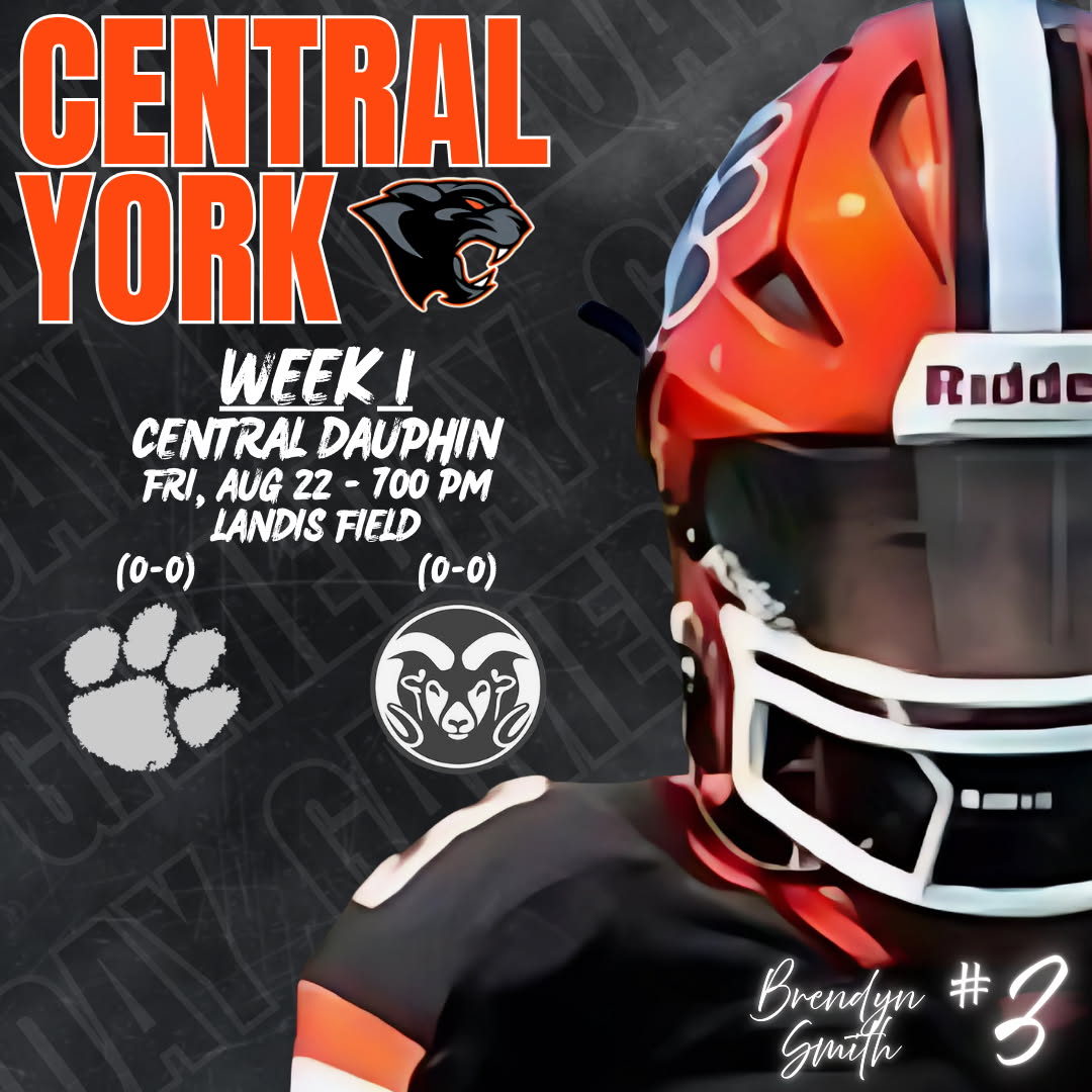 📣 GAMEDAY 🏈

Central York 🐾 vs. Central Dauphin 🐏
📍 Landis Field, Harrisburg, PA
⏰ Kickoff: 7:00 PM

Let’s pack the stands and show our support for the Panthers! 🖤🧡

🔥 Show your Central Pride!
✅ Share this post
✅ Drop a pic in the comments rocking CY Gear