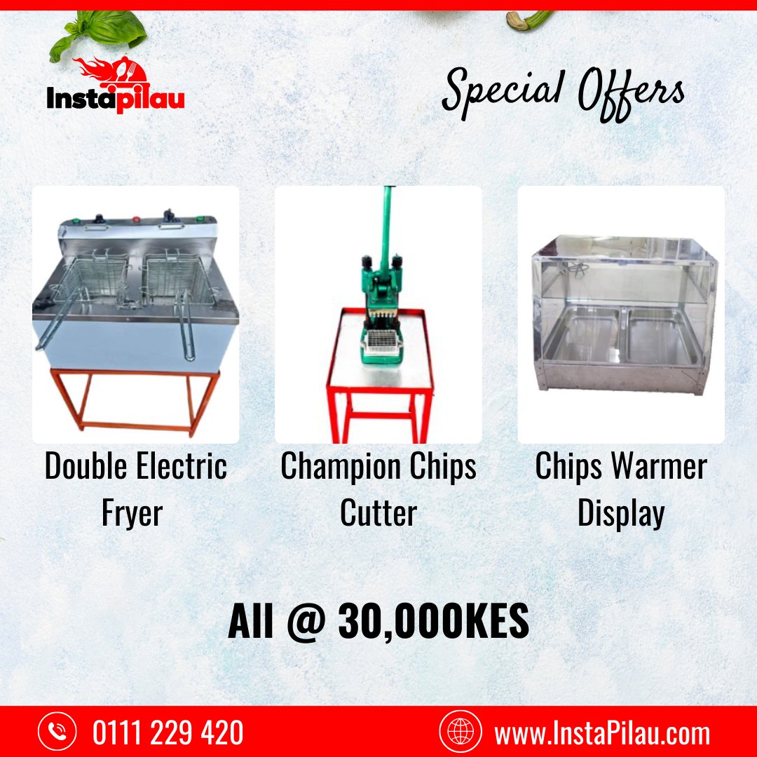 InstaPilau's tweet photo. 🔥 Special Offer! Get a Double Electric Fryer, Champion Chips Cutter &amp; Chips Warmer Display – all for just KES 30,000!

Start your food business or upgrade today 🍟💡
📞 0111 229 420
🌐 https://t.co/2h5yZeQTvf

#SpecialOffer #KitchenEquipment #InstaPilau https://t.co/LKW9SOL1DZ