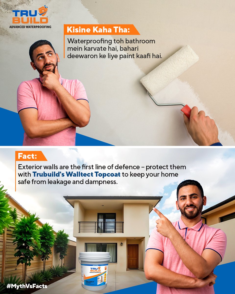 AstralTrubuild's tweet image. Humne Kaha: Zarurat hai Smart Thinking Ki!
Ghar ki bahari deewarein go through a lot, isse sirf paint ka protection kaafi nahi.
Choose Walltect Topcoat that protects your house for a long time!

#AstralTrubuild #Trubuild #AdvancedWaterproofingSolutions #KisneKahaTha #MythVsFacts
