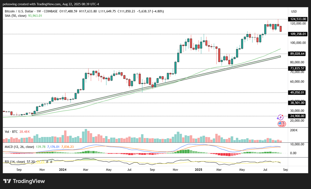 PeloSwing's tweet photo. A realistic target on this Bitcoin $BTC pullback is somewhere in the $85K-$93K range. This long-term demand zone has been respected since late-2023 and if tested again, that would look like entry for longs again.

We do have the 50 week MA around $93K, which could act as support first. I think this pullback will only be healthy for Bitcoin's price action and allow RSI to cool off.