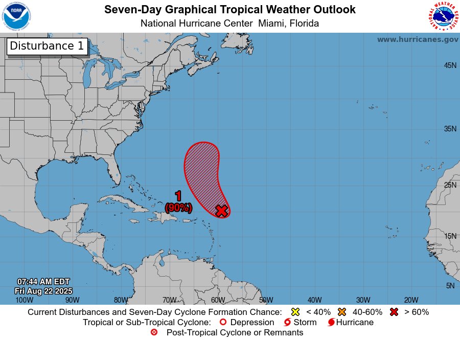 TrevorTropicsWX's tweet photo. ATL #HurricaneSeason2025 7am EDT
#Invest90L as 80% chance to become a TC in 2 days and 90% in 7 days
threat to land is expected
Next invest no:#Invest91L/#91L/#AL91
Next name:#Fernand
#wxX #wxtwitter #Tropicswx #Tropicalwx #Tropics #Hurricaneseason #Hurricane #90L #AL90 #Bermuda https://t.co/PaYmZHDNXa