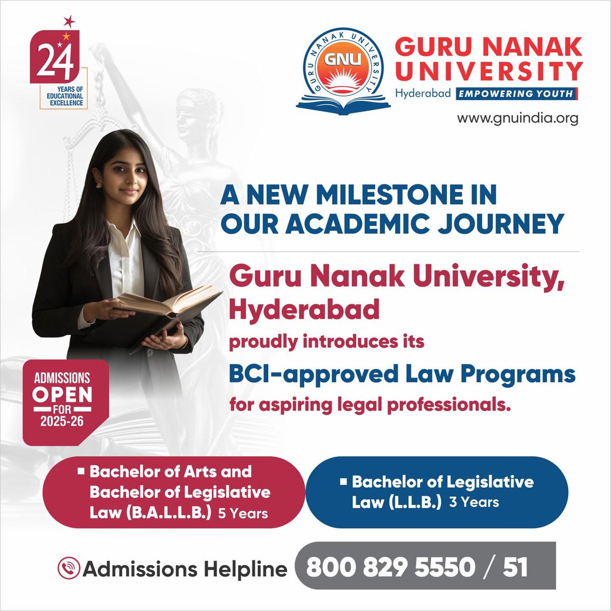 GNInstitutions's tweet image. Guru Nanak University, Hyderabad proudly launches its BCI-approved Law Programs (B.A.LL.B – 5 Years &amp;amp; L.L.B – 3 Years) for aspiring legal professionals. Admissions open for 2025–26. 
 #LawPrograms #BCIApproved #GuruNanakUniversity #Admissions2025 #LegalEducation #Hyderabad