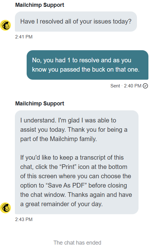SeanJakes's tweet photo. Interesting take on customer support, @Mailchimp. 👎🏻 https://t.co/IYfOLJHs0C