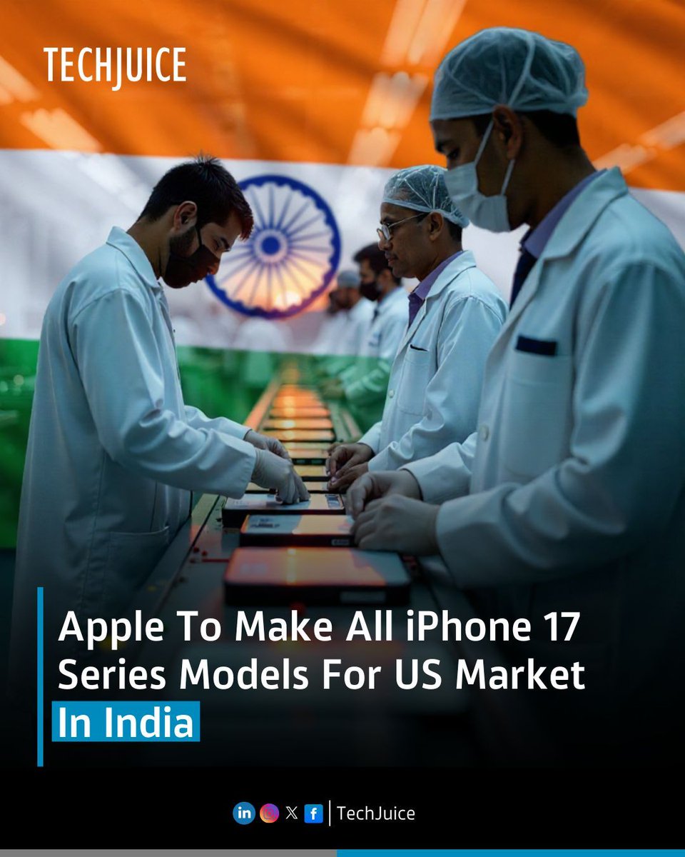 For the first time ever, all four iPhone 17 models, including the Pro versions, are being produced in India ahead of their September launch. 

#Apple #iPhone17 #TechJuice #MadeInIndia