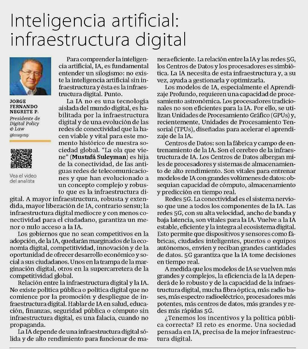 "Infraestructura digital e Inteligencia artificial" <a href="/larepublica_co/">Diario La República</a>
No existe la #IA sin infraestructura y ésta es: Infraestructura Digital. Punto.
¿Tenemos los incentivos, regulación y la política pública para tener la mas robusta Infraestructura digital?
larepublica.co/analisis/jorge…