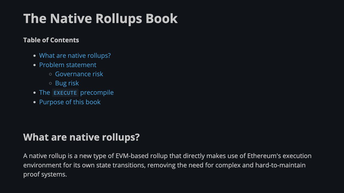 Happy to share the progress done in the past month on native rollups! A new shiny website has been created to collect the spec draft and design ideas, with the goal of providing a starting point for feedback from community members and L2 devs.

link at the end of the thread 🧵👇
