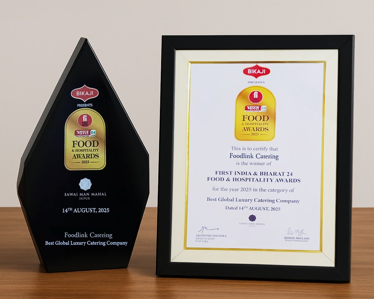 IndiaFoodlink's tweet photo. Celebrating another proud milestone!  

Proud to share that Foodlink has been awarded Best Global Luxury Catering Company at the First India &amp; Bharat 24 Food &amp; Hospitality Awards 2025 in Jaipur! Grateful to our clients, partners &amp; team for making this possible. https://t.co/MQEqAIxGF9