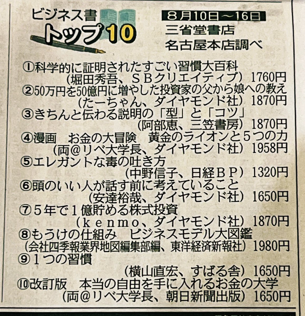 阿部恵さんの新刊『きちんと伝わる説明の「型」と「コツ」：アナウンサーが教える「言葉の力」を磨く技術』（三笠書房）が、中日新聞に掲載されていました。

三省堂書店名古屋本店で、3位です。