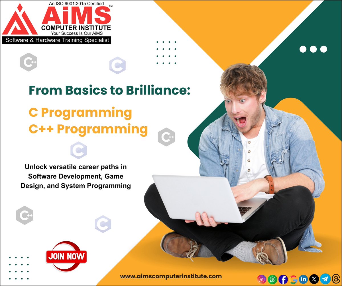 AimsUndri9717's tweet image. Certificate Course in Programming
- C Programming: A procedural language focusing on functions and logic, ideal for developing software, system programming, and embedded systems.
- C++ Programming: An object-oriented language built on C.
#computerinstitute
#computerclass