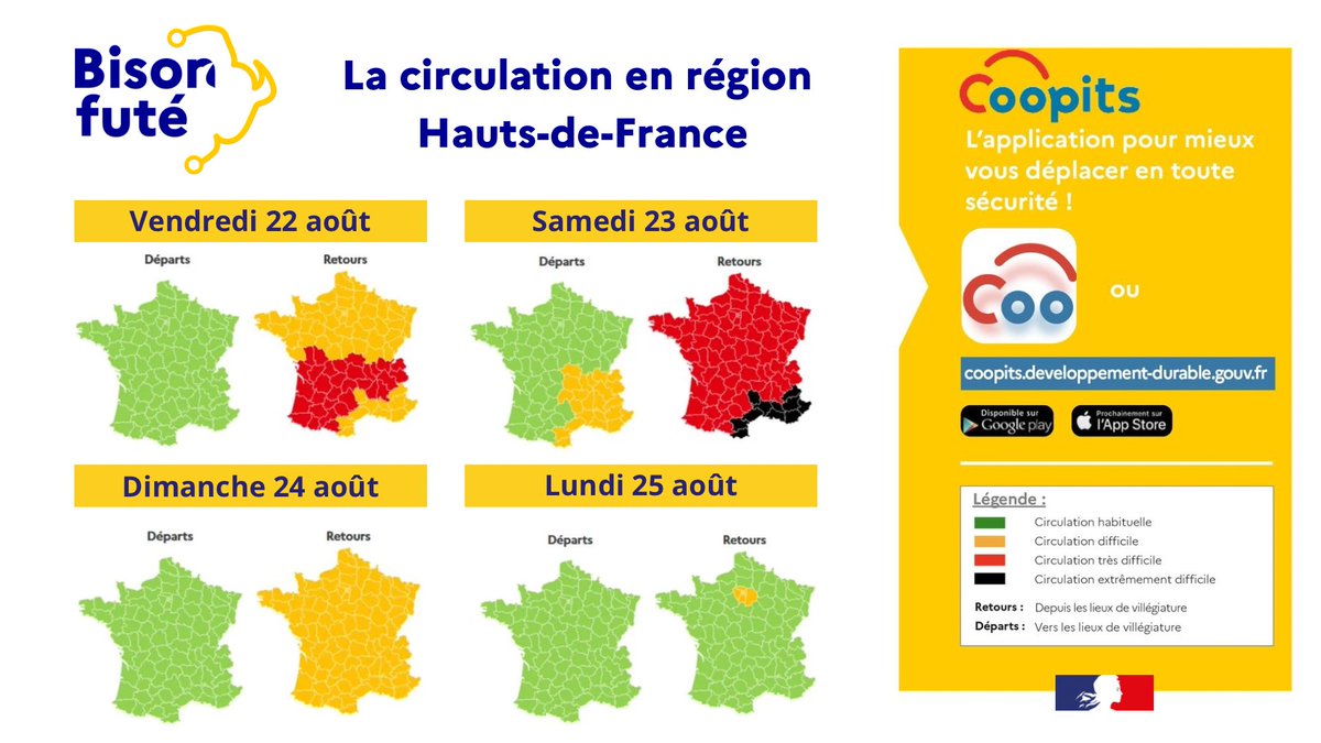 #SécuritéRoutière

𝐒𝐚𝐦𝐞𝐝𝐢 : 𝐜𝐢𝐫𝐜𝐮𝐥𝐚𝐭𝐢𝐨𝐧 𝐭𝐫𝐞̀𝐬 𝐝𝐢𝐟𝐟𝐢𝐜𝐢𝐥𝐞 𝐝𝐚𝐧𝐬 𝐥𝐞 𝐬𝐞𝐧𝐬 𝐝𝐞𝐬 𝐫𝐞𝐭𝐨𝐮𝐫𝐬

⚠️ Fatigue, chaleur, embouteillages… redoublez de prudence !

⏱ Faites une pause toutes les 2 heures
💧 Buvez régulièrement
😎 Restez attentifs à