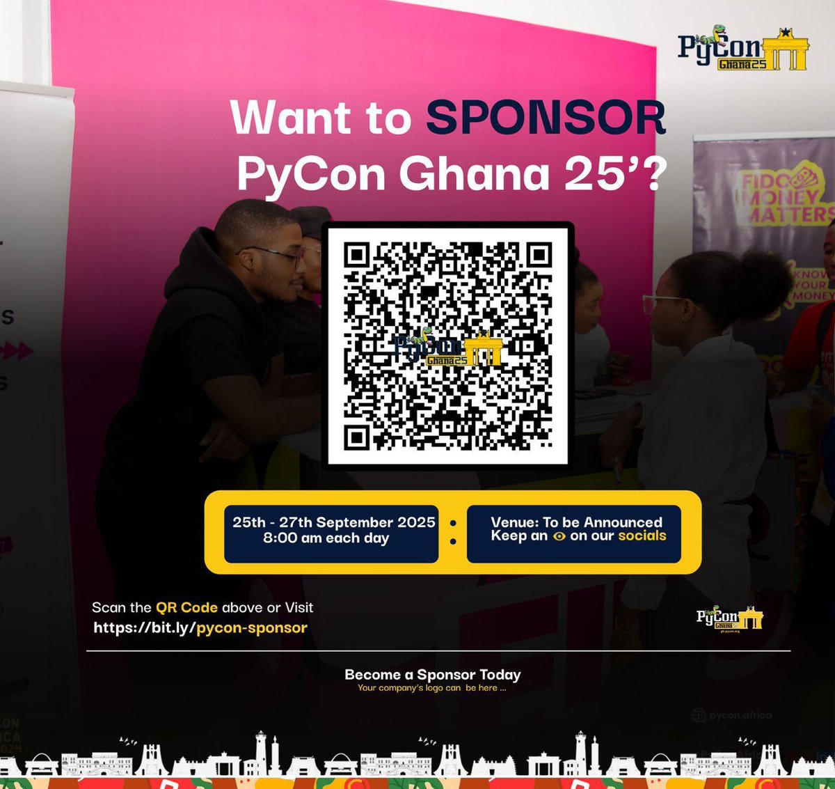 PyconGhana's tweet image. ✨ Sponsorships for #PyConGhana2025 are still open!
This is a purely volunteer-driven conference, and your support makes it possible. 💛
Connect with 1,000+ devs & tech leaders
Boost brand visibility
Support diversity & open-source
📌 gh.pycon.org/2025/sponsor/
#PythonGhana