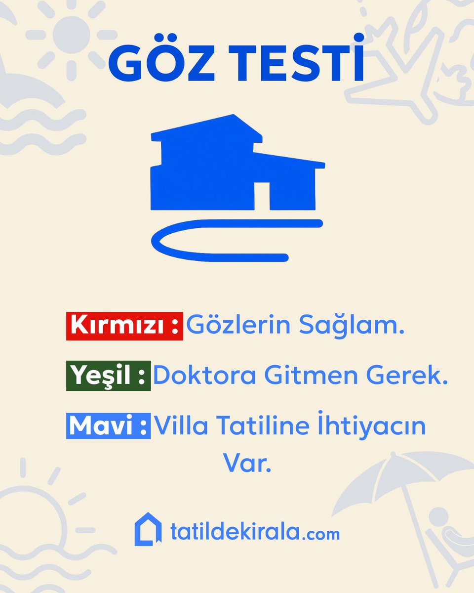 ✨👀 Göz testine hazır mısın?
Renkleri seç, tatil ihtiyacını öğren! 😎🏝️
🔴 Kırmızı: Gözlerin sağlam 👌
🟢 Yeşil: Doktor zamanı 🩺
🔵 Mavi: Villa tatiline acil ihtiyacın var! 🏡💦

Sen hangisini gördün? 👇
#TatildeKirala #VillaTatil #GözTesti #TatilZamanı #HaydiTatile