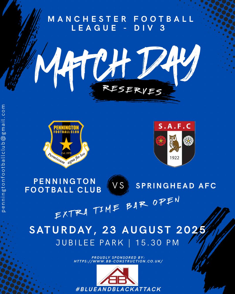 What better way is there to spend a Saturday than with a double header at Jubilee Park. The #ExtraTimeBar will have drinks flowing throughout the afternoon so get yourselves down and support both teams!⚽️🔵⚫️
#blueandblackattack