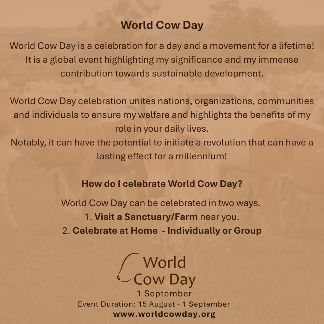 WrldCowDay's tweet photo. How To Celebrate World Cow Day!

1. Visit a Sanctuary/Farm near you

2. Celebrate at Home - Individually or Group

Join the Revolution!
Celebrate World Cow Day!

#WorldCowDay  #WCD2025
#cows https://t.co/kCAxFz4ik7