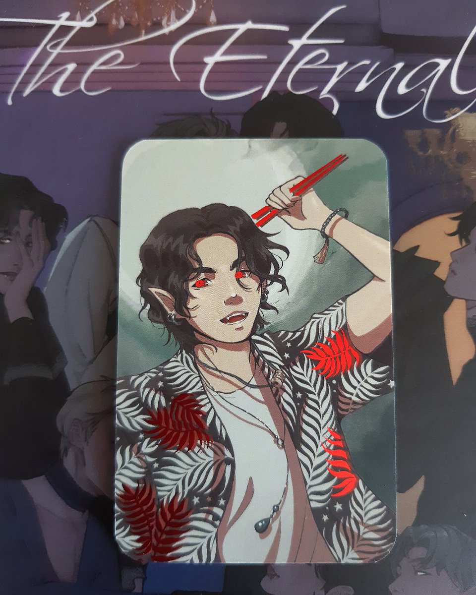He'll give you two choices: chopsticks or fangs 🩸

My photocard for the <a href="/BTSVampireZine/">The Eternal: A BTS Vampire Zine 🖤 CONCLUDED</a>  ! With red shiny foil details~
🖤 Leftovers sale for the zine and merch is closing soon 🦇 btsvampirezine.bigcartel.com

#btsfanart #fanzine #yoongi #agustd #haegeum  #해금 #bts #digitalart