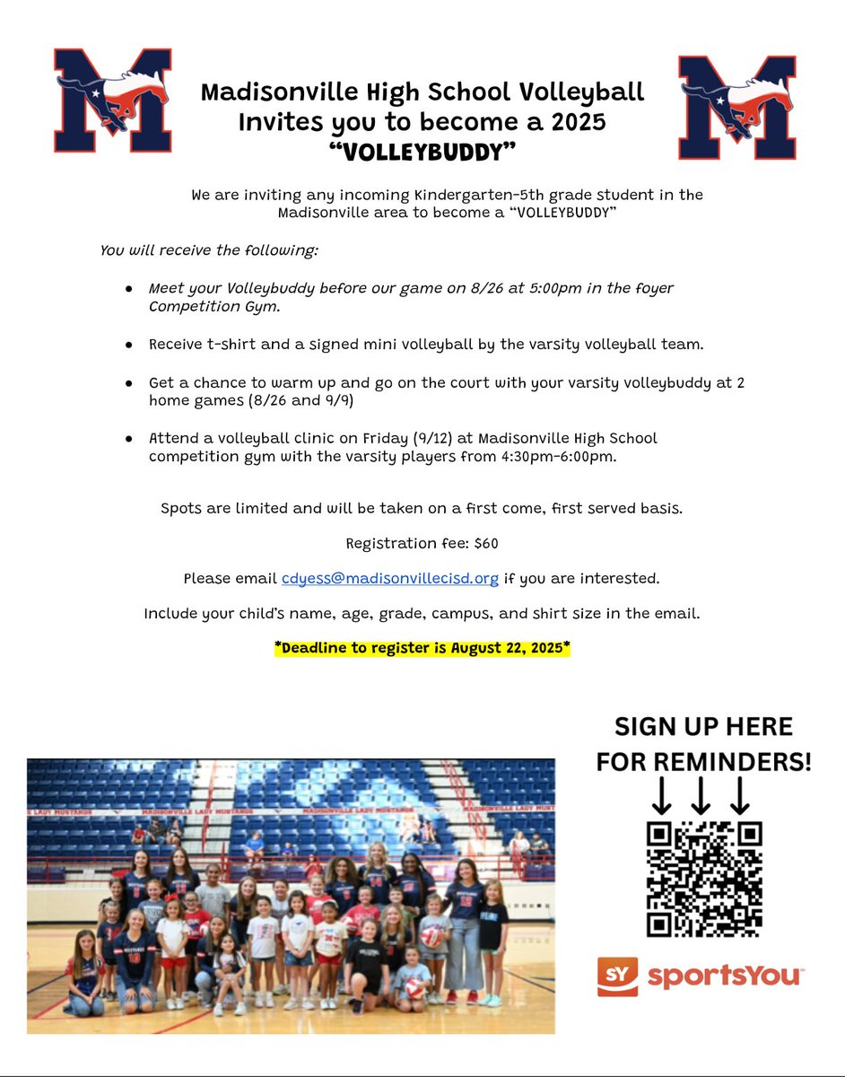 LAST DAY to get your little one signed up! My athletes love this and are excited to see all the future Lady Mustangs. 🐴🏐