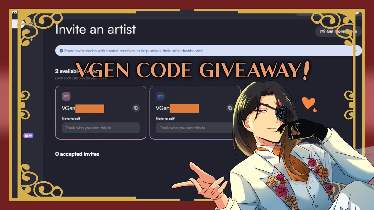It's time for #vgencodeGiveAway! I wanna help more artists☝️

I have 2 vgen codes, and to enter :
➕Follow <a href="/foxflare_design/">YUE.🦊vgen OPEN!</a> 
❤️Like and Repost
🗨️Reply with 4 of your arts (portfolio)

⚠️No AI, No Tracing

Until 30th August and I will announce and DM the artists for the #VgenCode