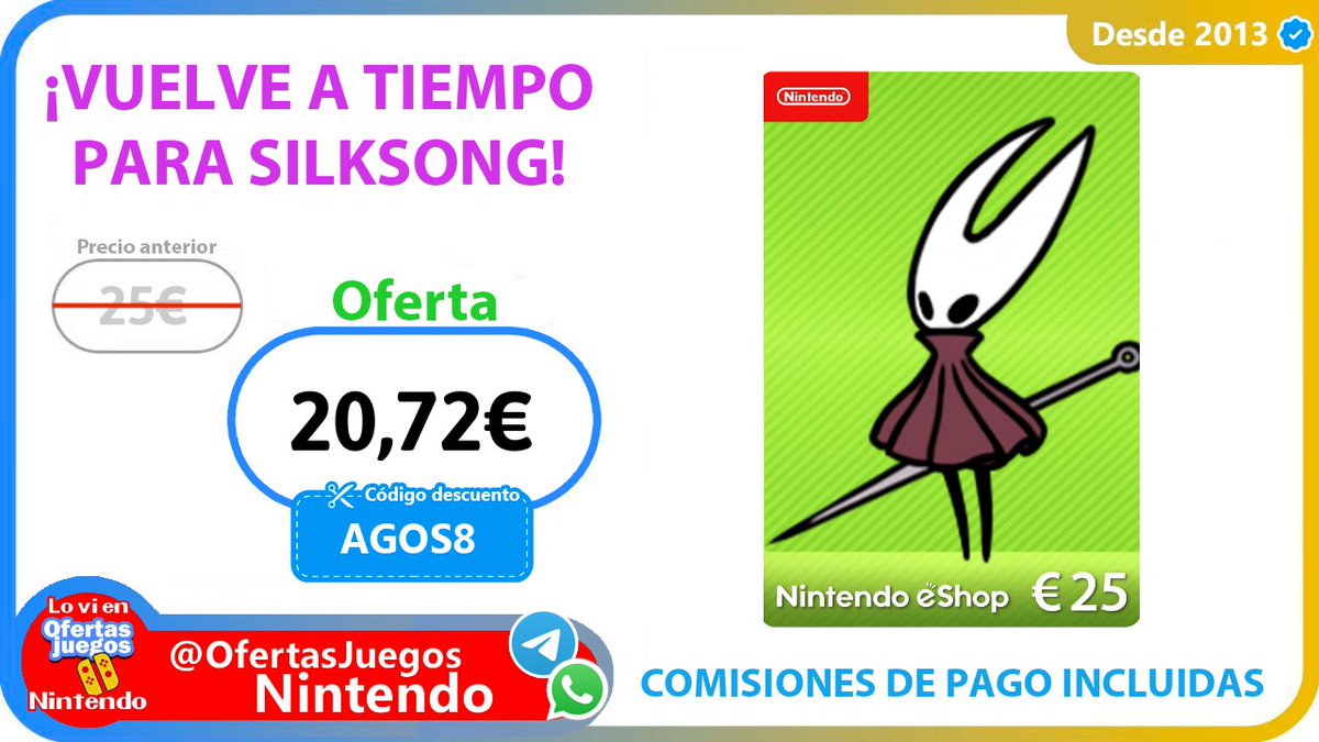 💛💚 25€ de saldo eShop  para Switch/Switch 
BAJONAZO SUPREMO DE MÁS a solo 20,72€ comisiones de pago incluidas ¡Un 17% de descuento QUE TE VA A VENIR GENIAL PARA SILKSONG!
✂️ Usa el código descuento
AGOS8

⛴ ojueg.es/3Stzc

🩵🩵 La mayoría estáis votando que va a