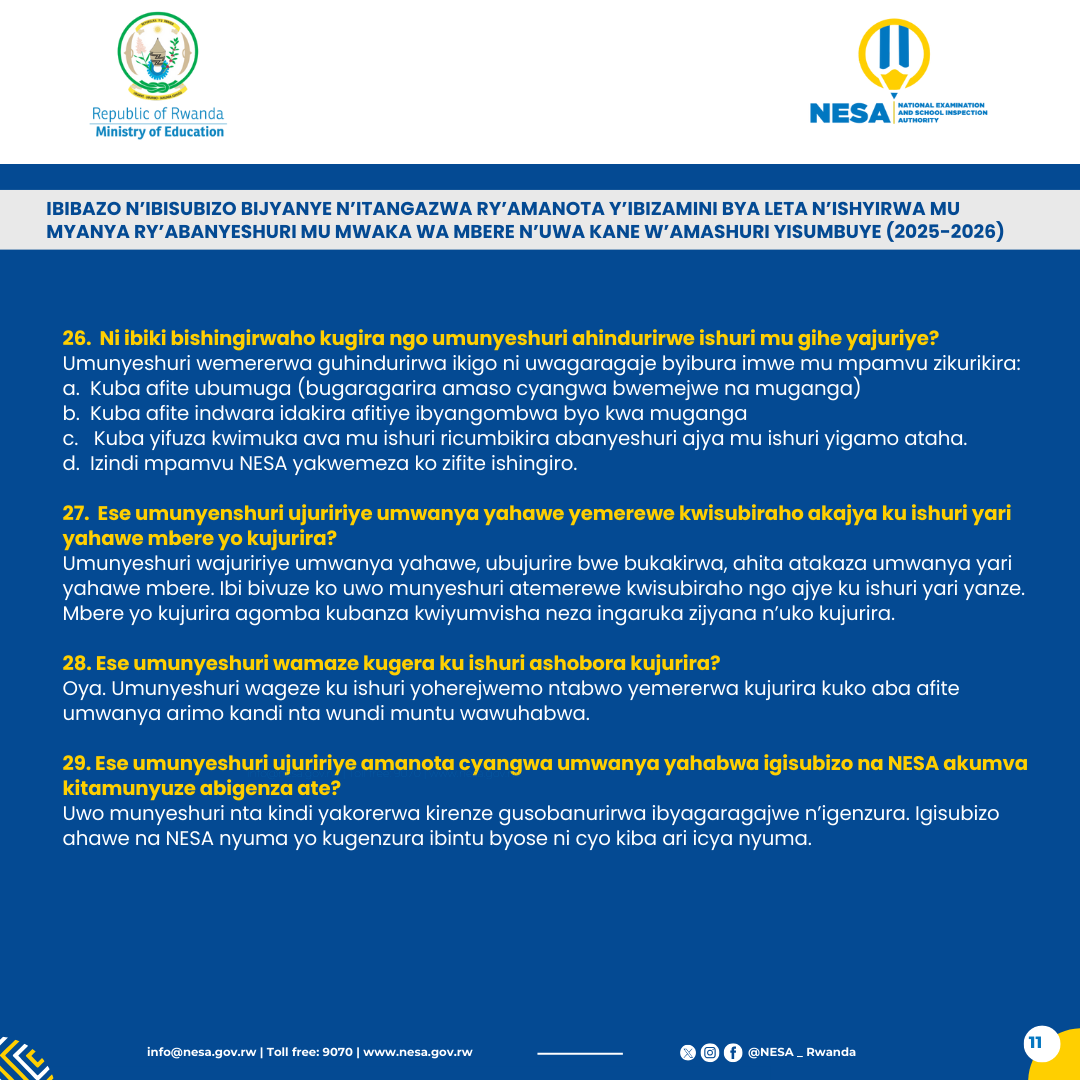 - Ese umunyeshuri watsinze umwaka ushize ariko akabura ubushobozi bwo kujya ku ishuri yahawe ashobora kongera guhabwa amahirwe?
- Ese uburyo ibizamini bya Leta bikosorwamo burizewe?- Kujurira ku bijyanye n’amanota umunyeshuri yabonye bikorwa na nde?