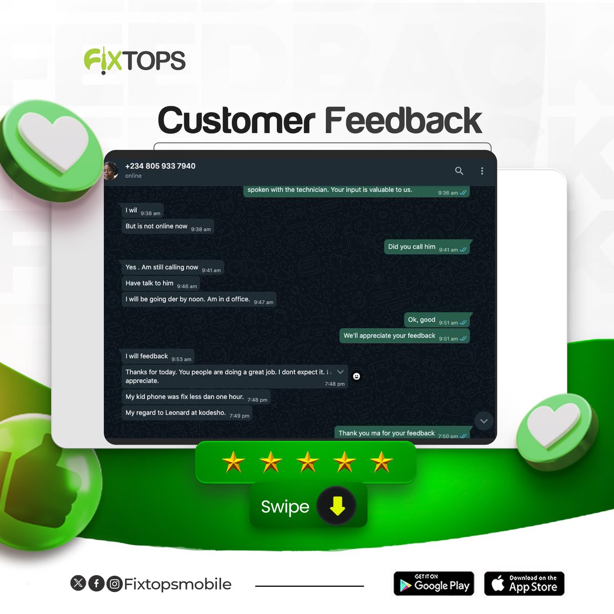 FixtopsNG's tweet photo. At Fixtops, we don’t just repair we build trust, deliver quality, and make your devices work like new again. Your satisfaction fuels our mission. 💪
📲 Book your repair today and join the hundreds of happy customers.
#HappyCustomer #FixtopsFeedback #CustomerSatisfaction https://t.co/K6UsFl9z7T