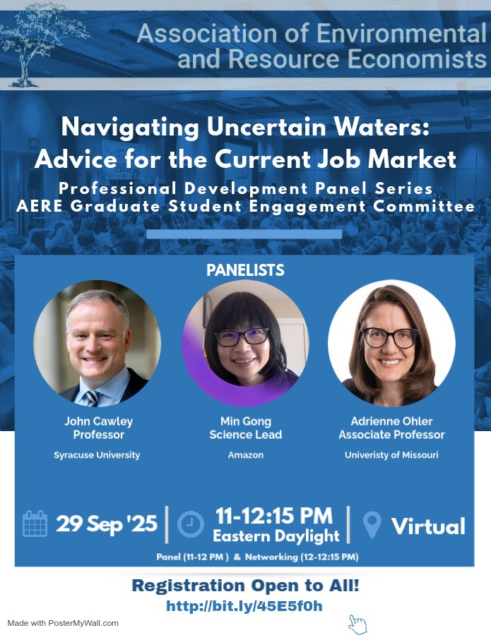 If you'll be on the #EconJobMarket this coming year, you may want to join this <a href="/AereOrg/">AERE</a> webinar, "Navigating Uncertain Waters: Advice for the Current Job Market," with Min Gong &amp; <a href="/AdrienneOhler/">AdrienneOhler</a>.  29 Sept 2025 @ 11am ET.