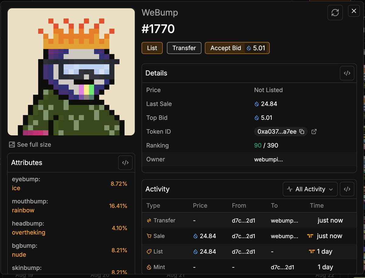 Just bought my first <a href="/webump_/">WeBump</a> on <a href="/tradeportxyz/">TradePort</a> and <a href="/SuiNetwork/">Sui</a> (to add to my bridged collection)

Bullish on <a href="/DegenLexx/">Lex 🟧🟩🟪🟨</a> and team so putting my $SUI where my mouth is.

Welcome to the epic SUI fam!

#webumpin