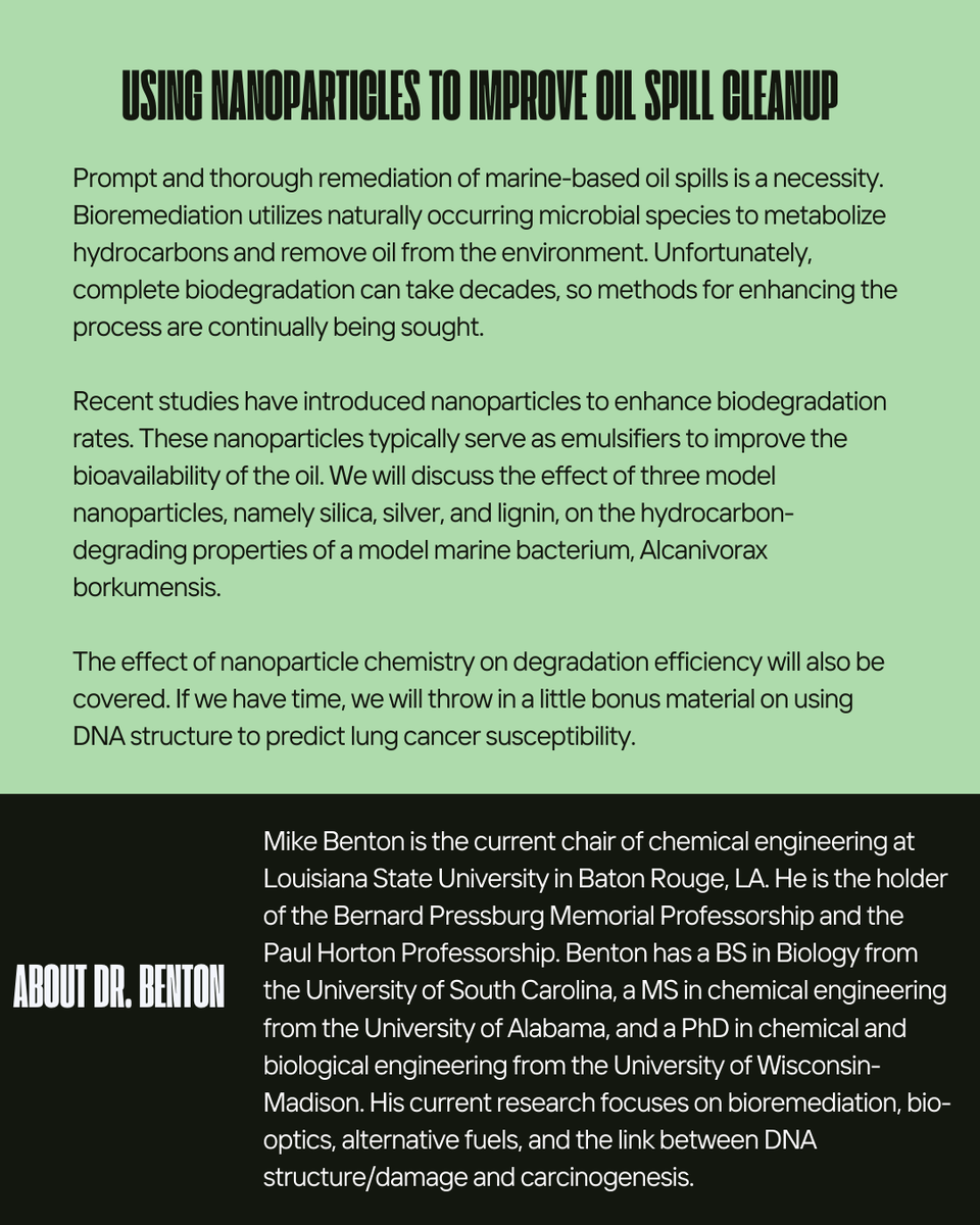 🌊 Join us this afternoon for the first #TulaneCBE Fall Seminar!

🎤 Michael G. Benton (LSU)
🗓️ Aug 22 | Topic: Using nanoparticles to improve oil spill cleanup

Learn how nanoparticles can boost bioremediation + even a bonus look at DNA &amp; cancer susceptibility. Don’t miss it!