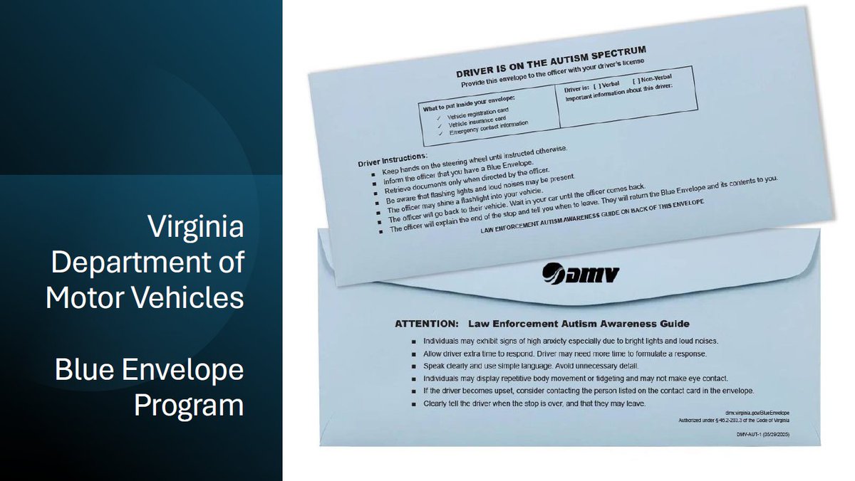 . <a href="/VirginiaDMV/">VirginiaDMV</a> introduces the #BlueEnvelope Program, designed to assist drivers diagnosed with #autism spectrum disorder during traffic stops. It informs officers the driver may communicate differently &amp; gives instructions to make the interaction easier. dmv.virginia.gov/BlueEnvelope