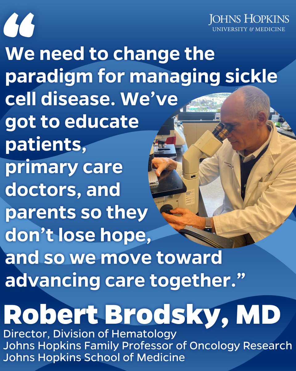 Johns Hopkins Giving (@hopkinsgiving) on Twitter photo Robert Brodsky (<a href="/DocsDock200/">Robert Brodsky</a>) has devoted much of his career to developing an effective cure for sickle cell disease. In February, he and collaborators reported that a new procedure is curative for 90% of adult patients. #FacultyFriday
Read more: giving.jhu.edu/story/sickle-c… Robert Brodsky (<a href="/DocsDock200/">Robert Brodsky</a>) has devoted much of his career to developing an effective cure for sickle cell disease. In February, he and collaborators reported that a new procedure is curative for 90% of adult patients. #FacultyFriday
Read more: giving.jhu.edu/story/sickle-c…
